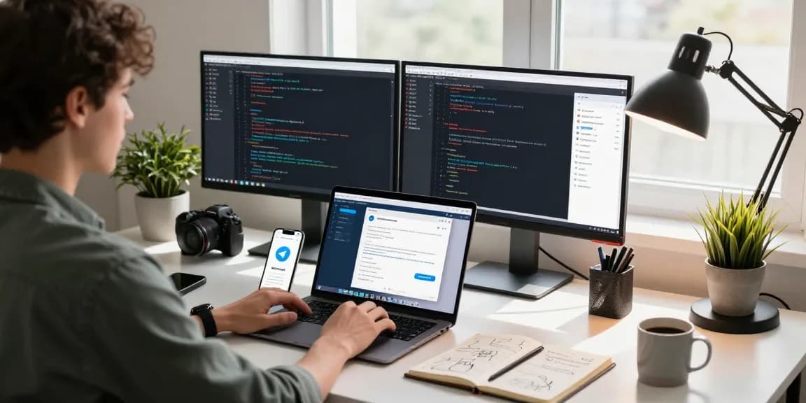 Individual using Telegram Web Version on laptop in a bright home office.