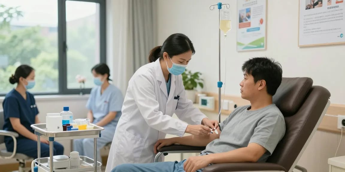 Patient receiving IV needles in a calm clinical setting with supportive healthcare professionals.