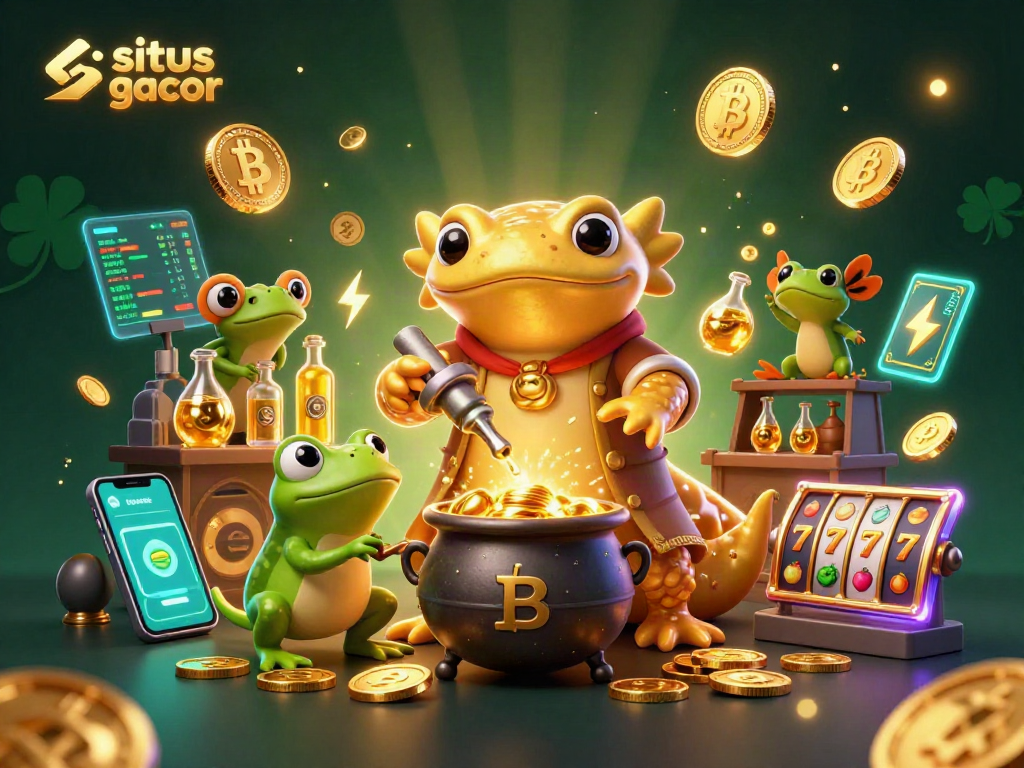 Experience situs gacor with this vibrant 3D casino scene showcasing gold coins, slot reels, and enchanting characters.