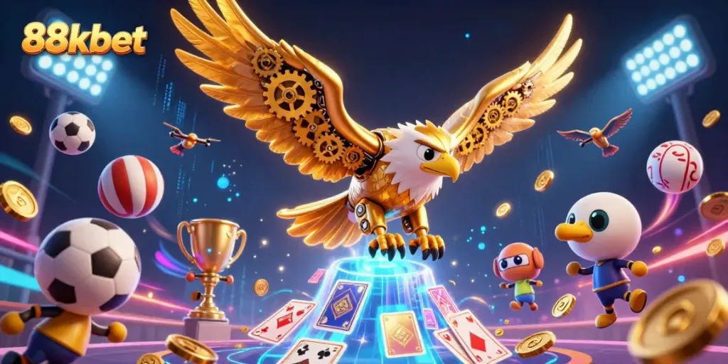 Experience thrilling bets at 88kbet with vibrant casino elements and a stunning gold eagle.
