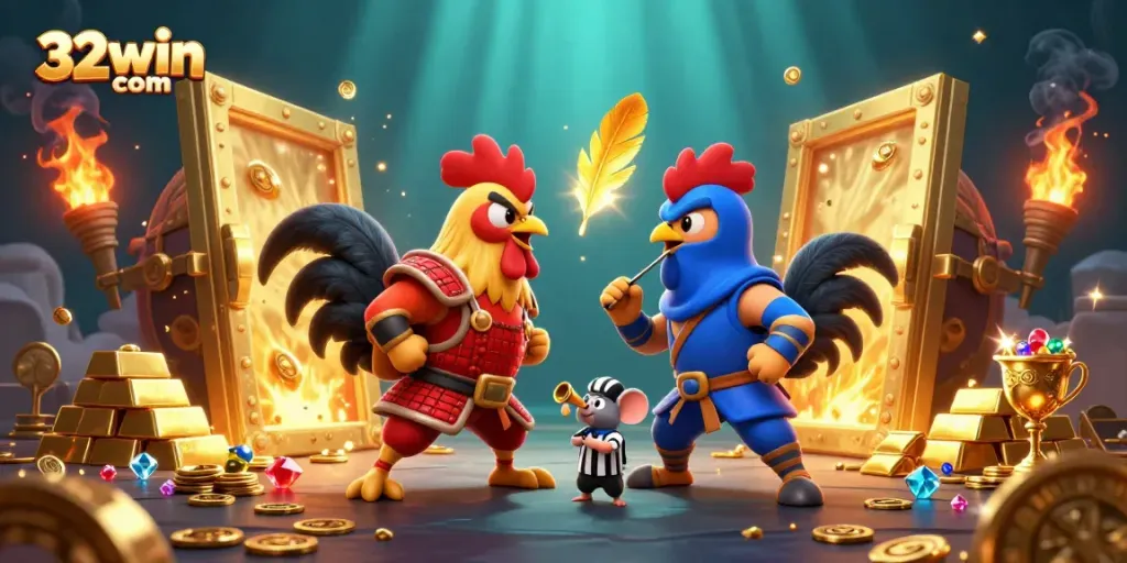 32win com showcases a dynamic illustration of a standoff between roosters, surrounded by casino treasures.