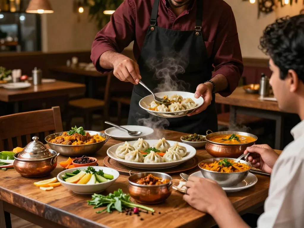 Aromatic rokok 88 curry and momo dumplings being plated in a warm restaurant.
