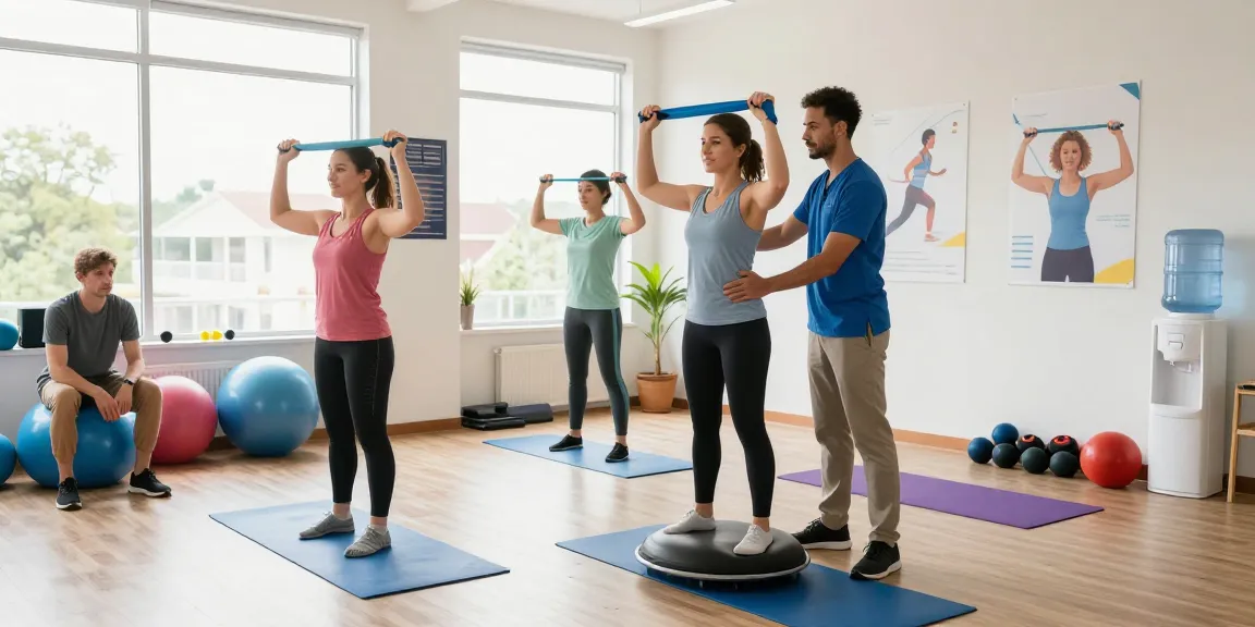 Inclusive physical therapy scene featuring therapists assisting patients, promoting the search for a Pt office near me burlington.