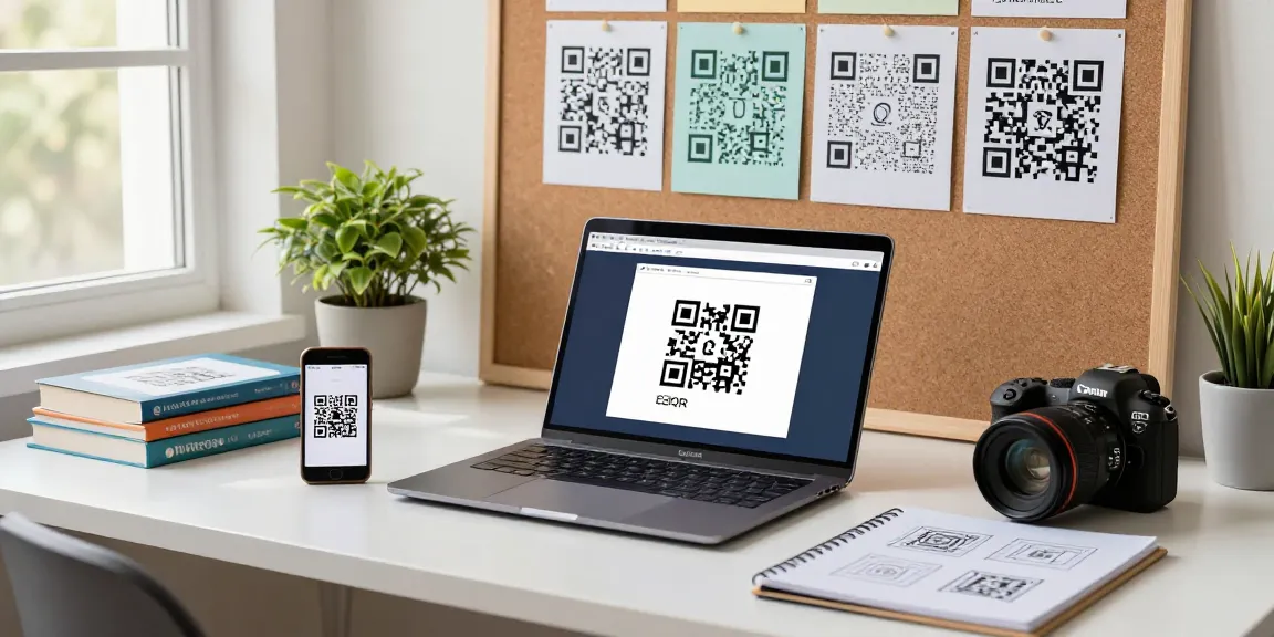 Creating a Free QR Code Generator in a professional workspace with laptop and printed codes.