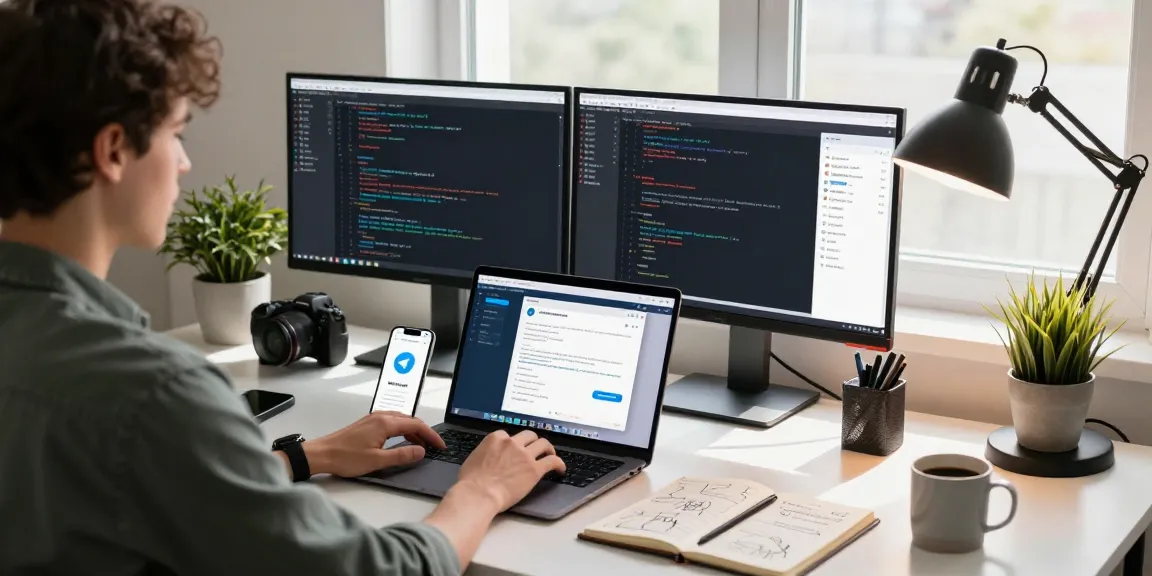 Individual using Telegram Web Version on laptop in a bright home office.