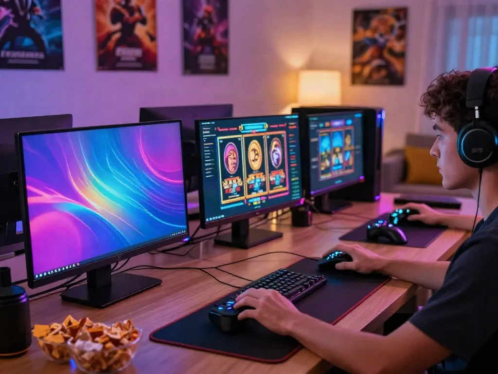 Gambaran situs slot dengan gamer fokus tampil di laptop, dikelilingi peralatan game dan suasana modern.