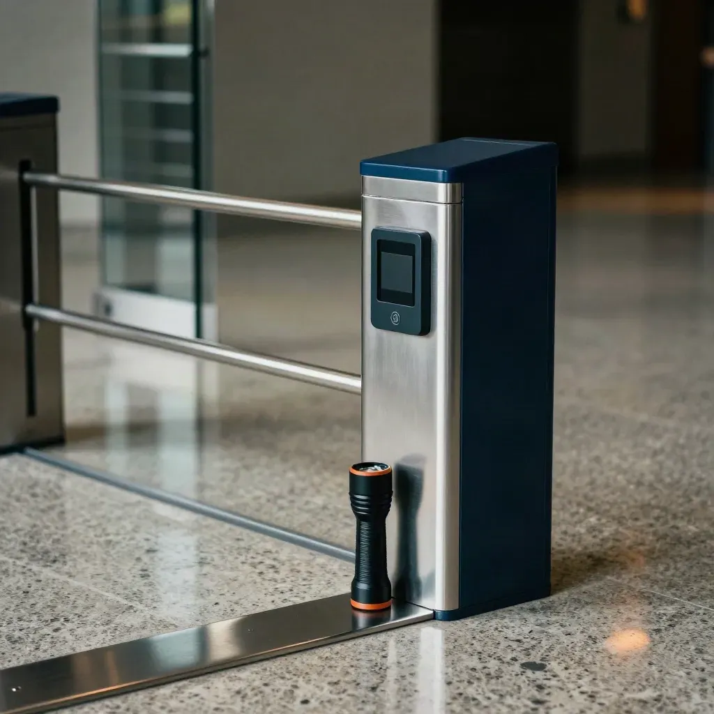 Turnstile, visitor pedestal, and patrol flashlight at a quiet security lobby threshold.