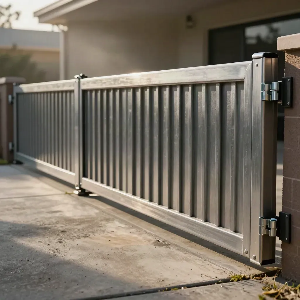 Aligned steel driveway gate with fresh track and latch in warm hazy light