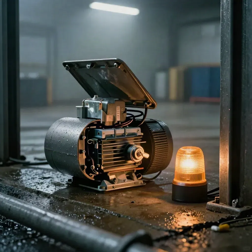 Opened gate motor housing with amber beacon, battery pack, and reset cylinder in misty night light.
