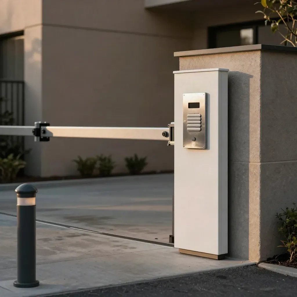 Condo gate lane with visitor pedestal, intercom and closed wicket beside a foreground bollard.