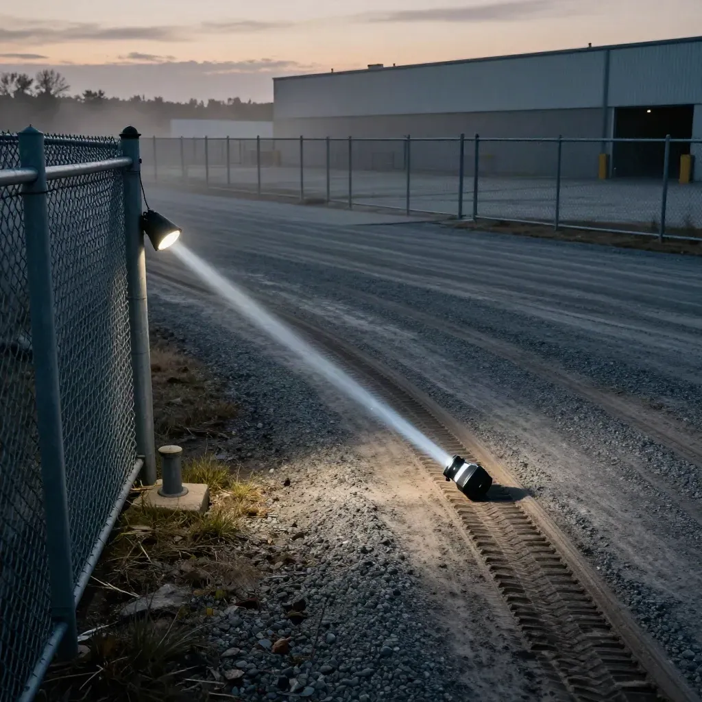 Secure lot perimeter corner with fence, bollard, tire tracks, and a sweeping flashlight beam at dusk