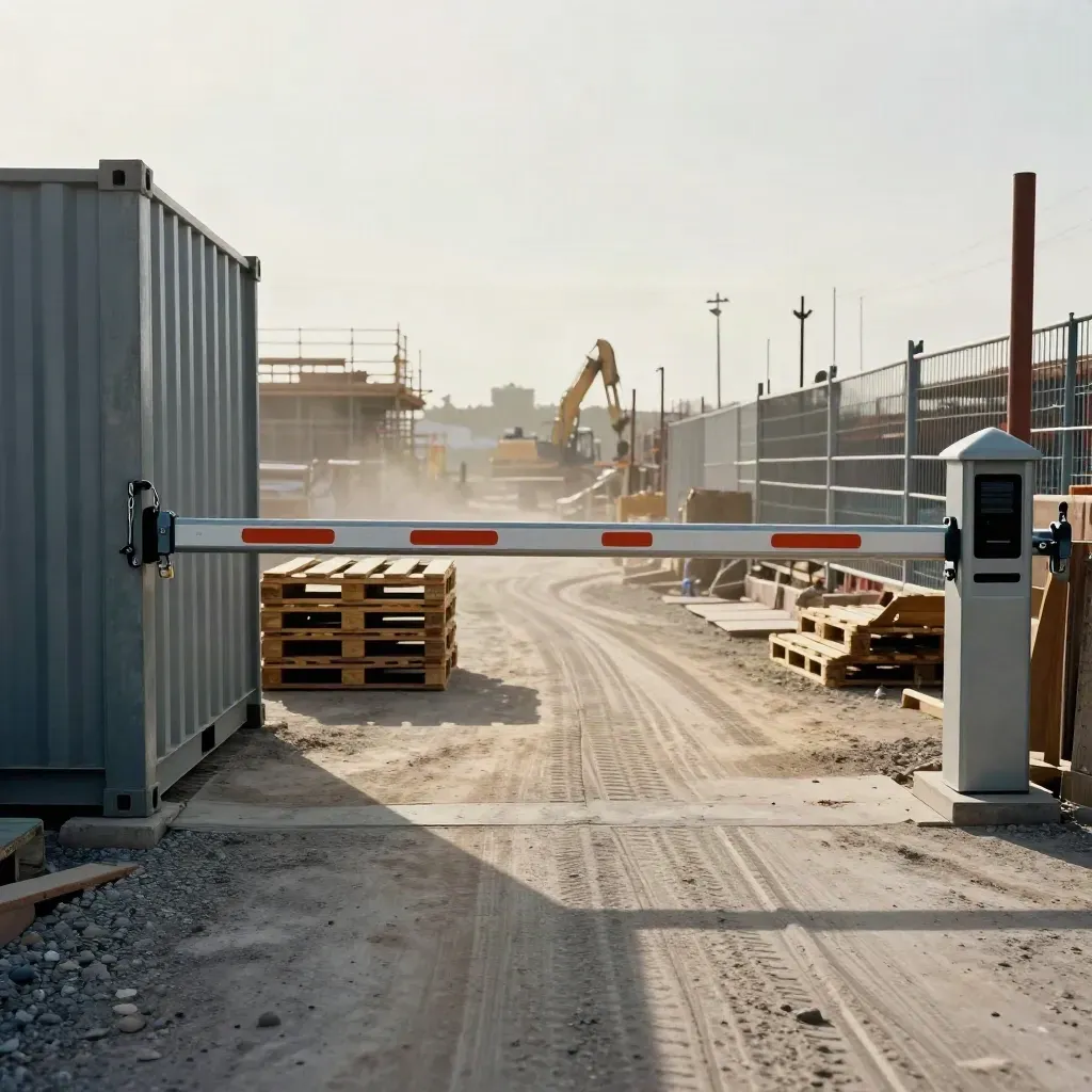 Low-angle construction gate, storage container, pallets, and barrier in a dusty secured yard.