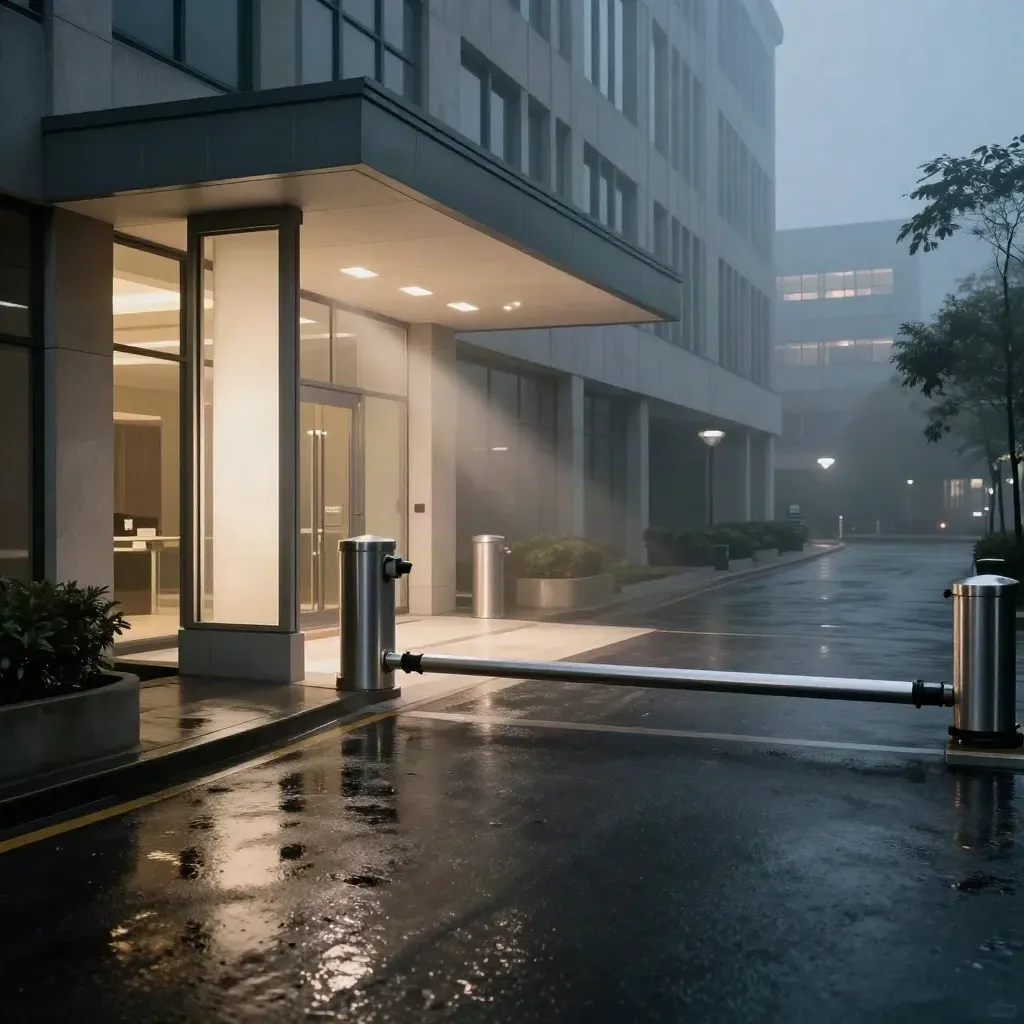 Rainy office park gate, lit guard post, and dome camera under a white canopy at night