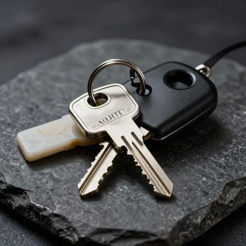 Master key ring, gate remote and access fobs on dark stone with dramatic studio light.