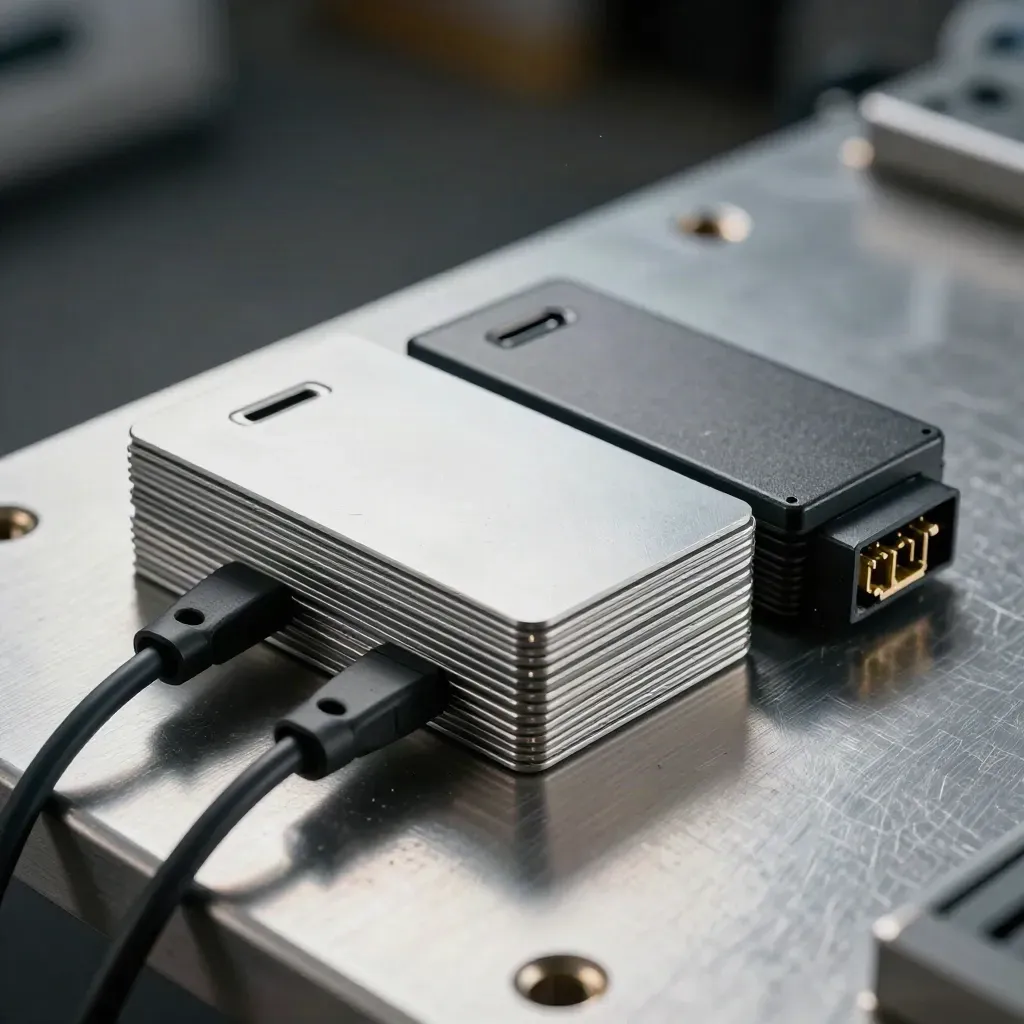 RFID fobs, card reader bezel, and terminal block connectors on brushed metal in macro close-up.