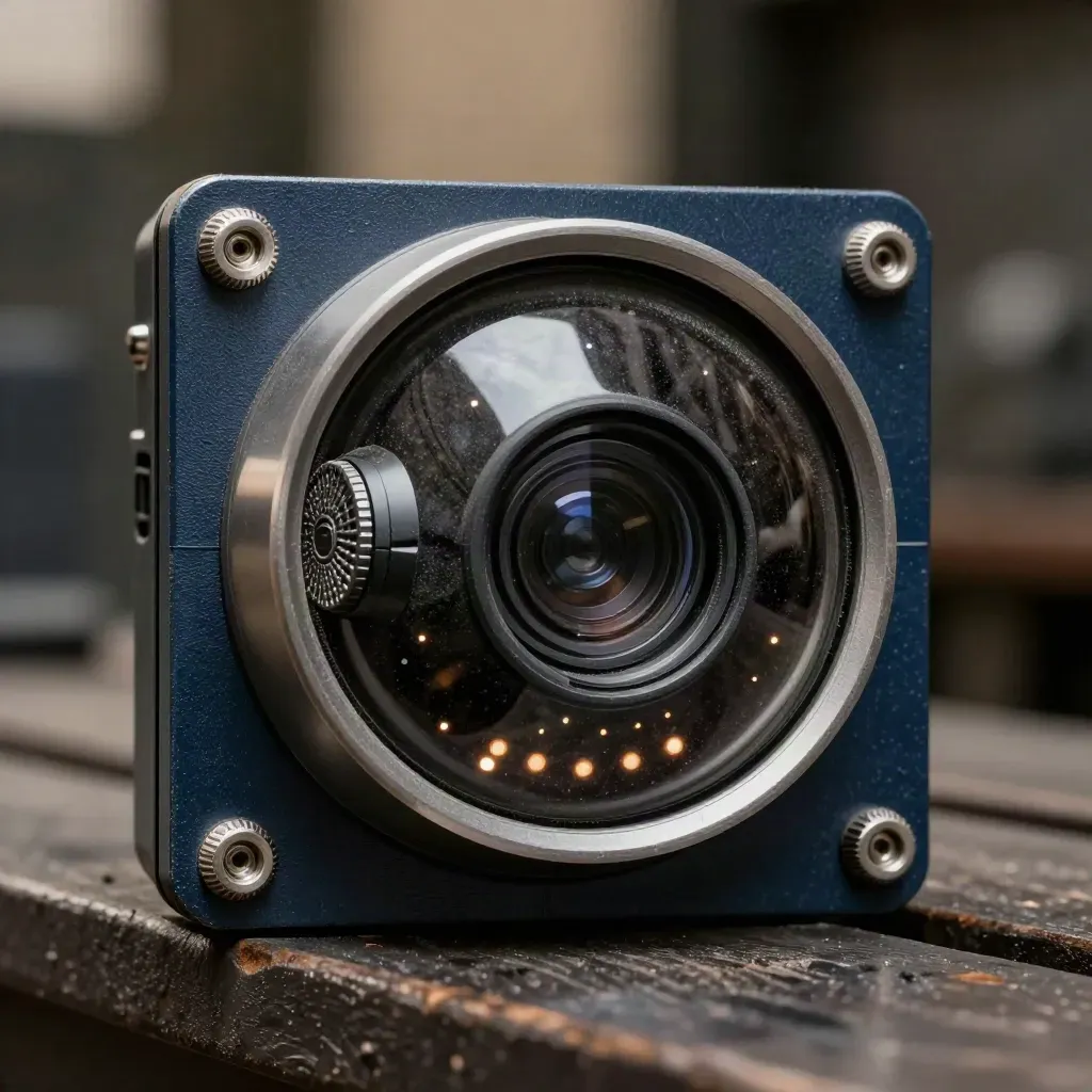 Macro cluster of security camera, sensor, siren grille, and cable fittings on steel