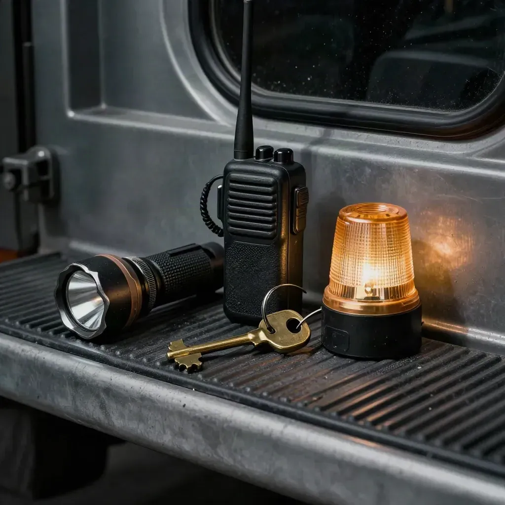 Security field kit on a truck door ledge: flashlight, radio, gate key, amber beacon puck.