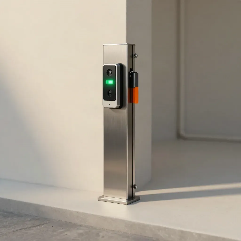 Card reader and gate sensor glowing green on a finished entry post