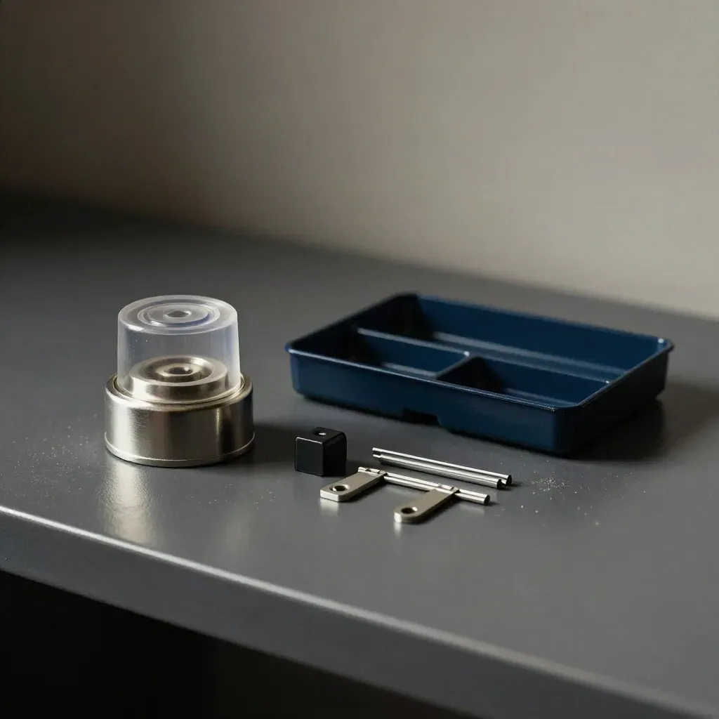 Replacement photocell, relay, shims, and tray on a dark graphite workbench in soft side light.