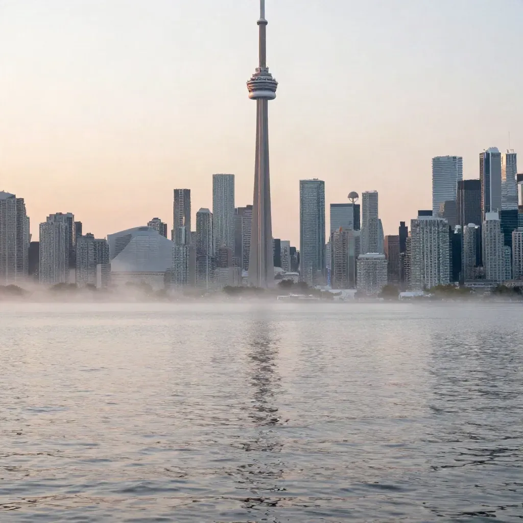 Toronto skyline with the CN Tower above misty Lake Ontario at sunrise.