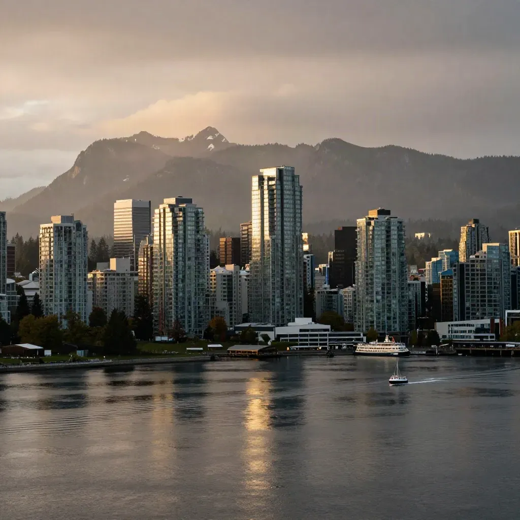 Vancouver skyline and North Shore mountains over misty harbour water at golden hour