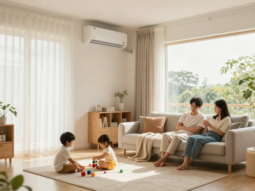 Family enjoying a cozy living room with a split ac unit for ideal comfort.