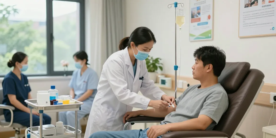 Patient receiving IV needles in a calm clinical setting with supportive healthcare professionals.