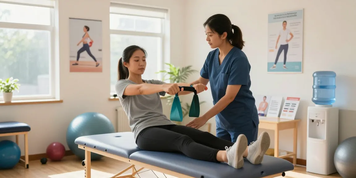Pt office near me burlington with a therapist assisting a patient in a welcoming rehab environment.