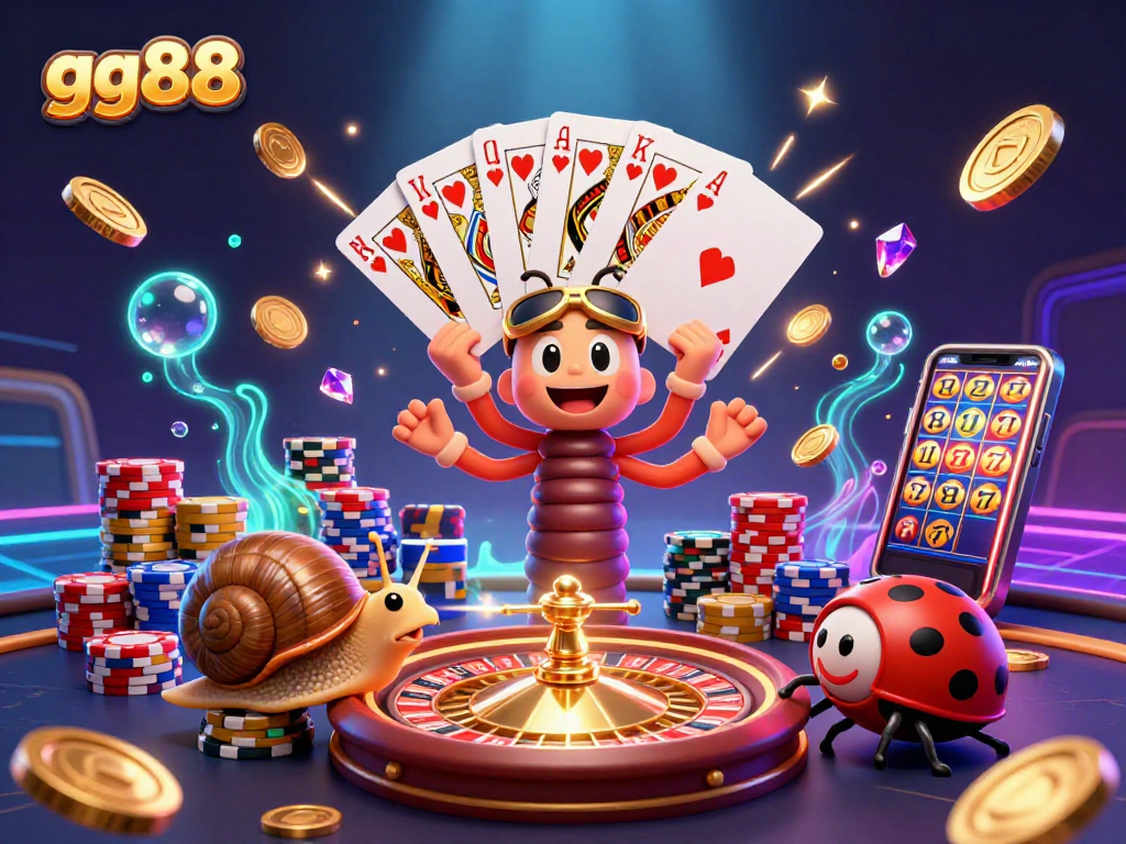 Engage in thrilling gaming at gg88, featuring a vibrant casino scene with unique characters and exciting elements.