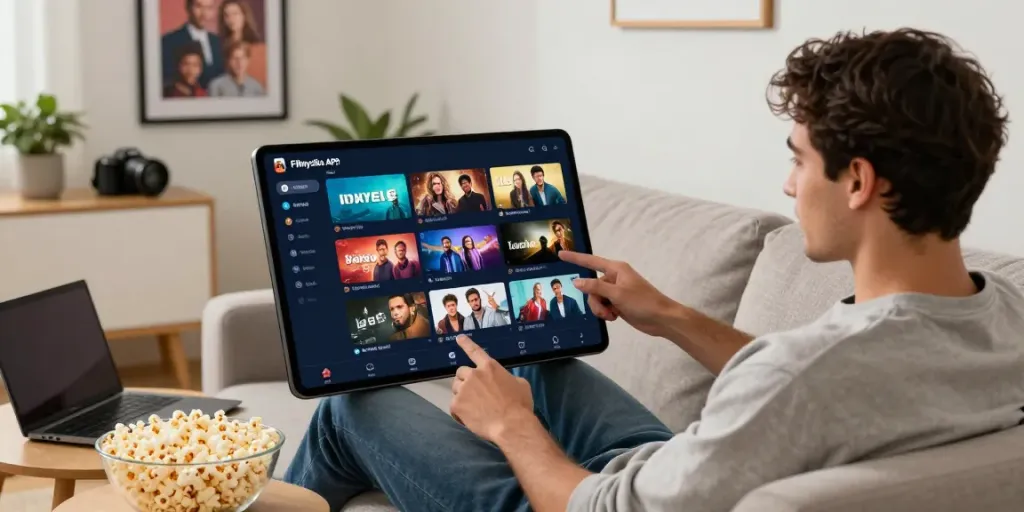 FilmyZilla APK download for free entertainment on a cozy couch while browsing diverse movies and live TV.